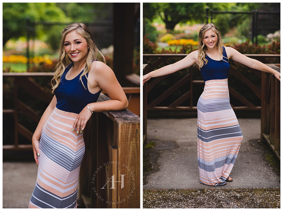 Cute Senior Portraits in Tacoma with Striped Maxi Dress and Rustic Background Photographed by Amanda Howse