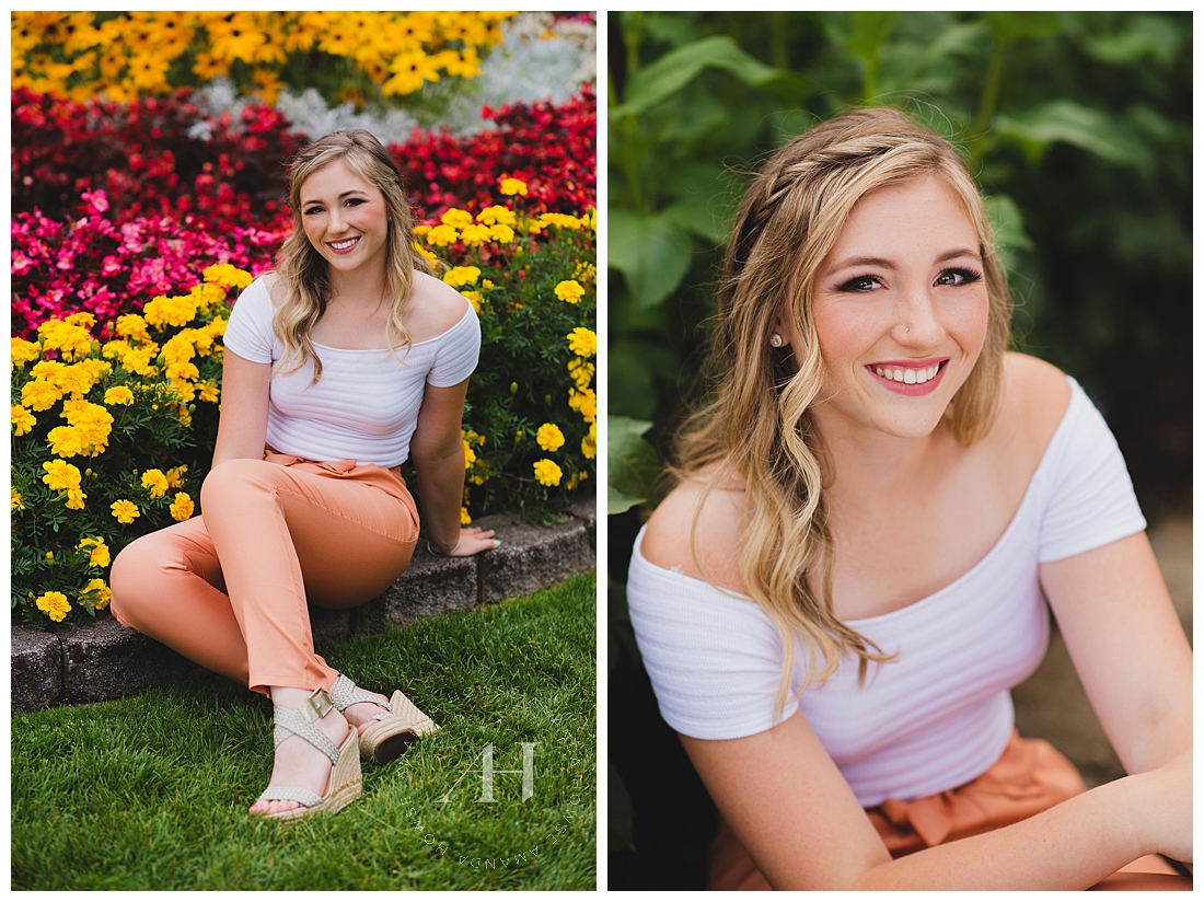 Bright Senior Portraits with Flowers and Cute Summer Outfit Ideas Photographed by Tacoma Senior Photographer Amanda Howse