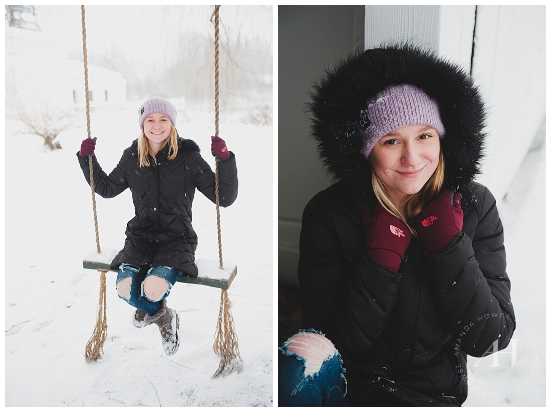 Winter senior portraits on a swing at Wild Hearts Farm photographed by Amanda Howse