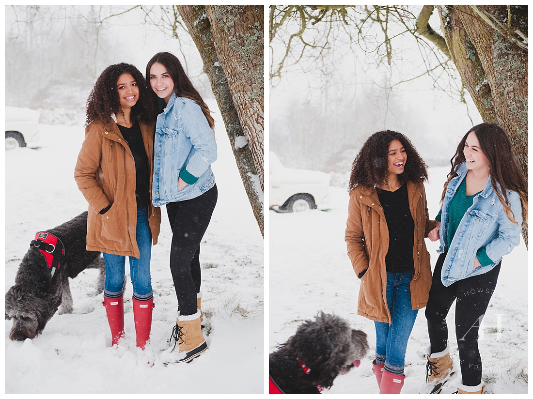 BFF Senior Portrait session with cute dog in the snow photographed by Tacoma senior photographer Amanda Howse