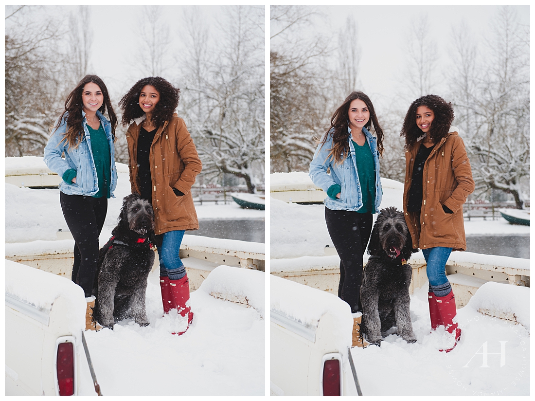 Group senior portrait session in the snow with senior girls and dog photographed by Tacoma Senior Photographer Amanda Howse
