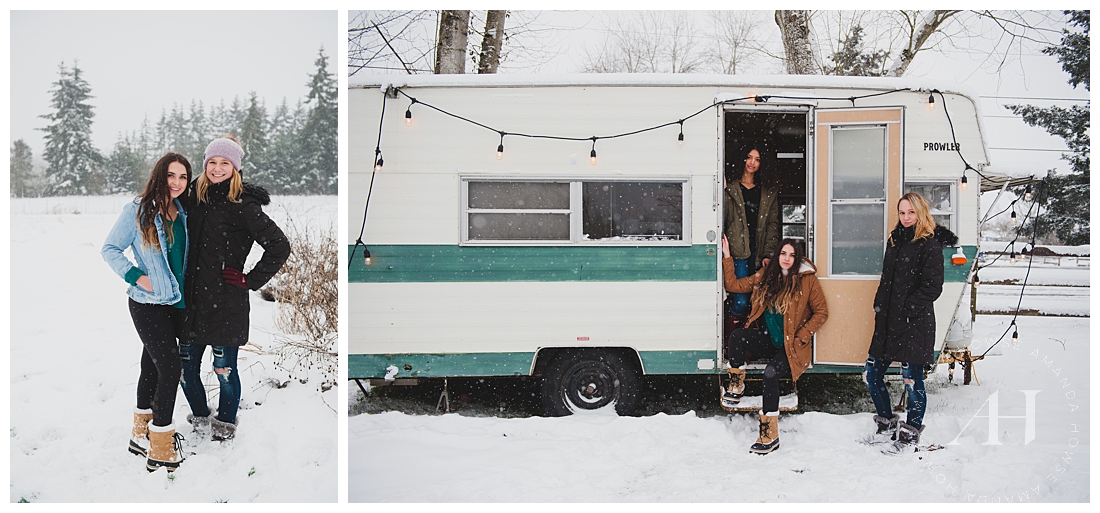 Vintage Camper in the Snow for Senior Portraits at Wild Hearts Farm photographed by Tacoma Senior Photographer Amanda Howse