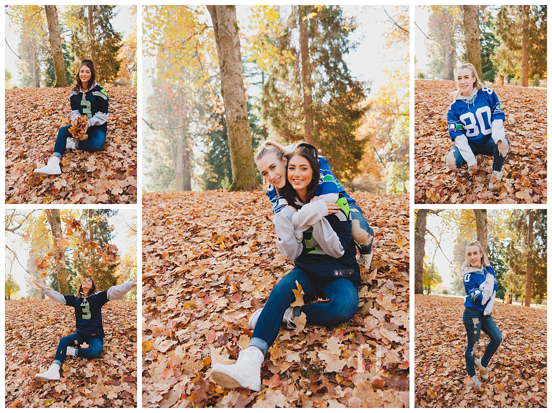 Cute Poses for High School Senior Portraits with Seahawks Theme in Wright Park photographed by Amanda Howse
