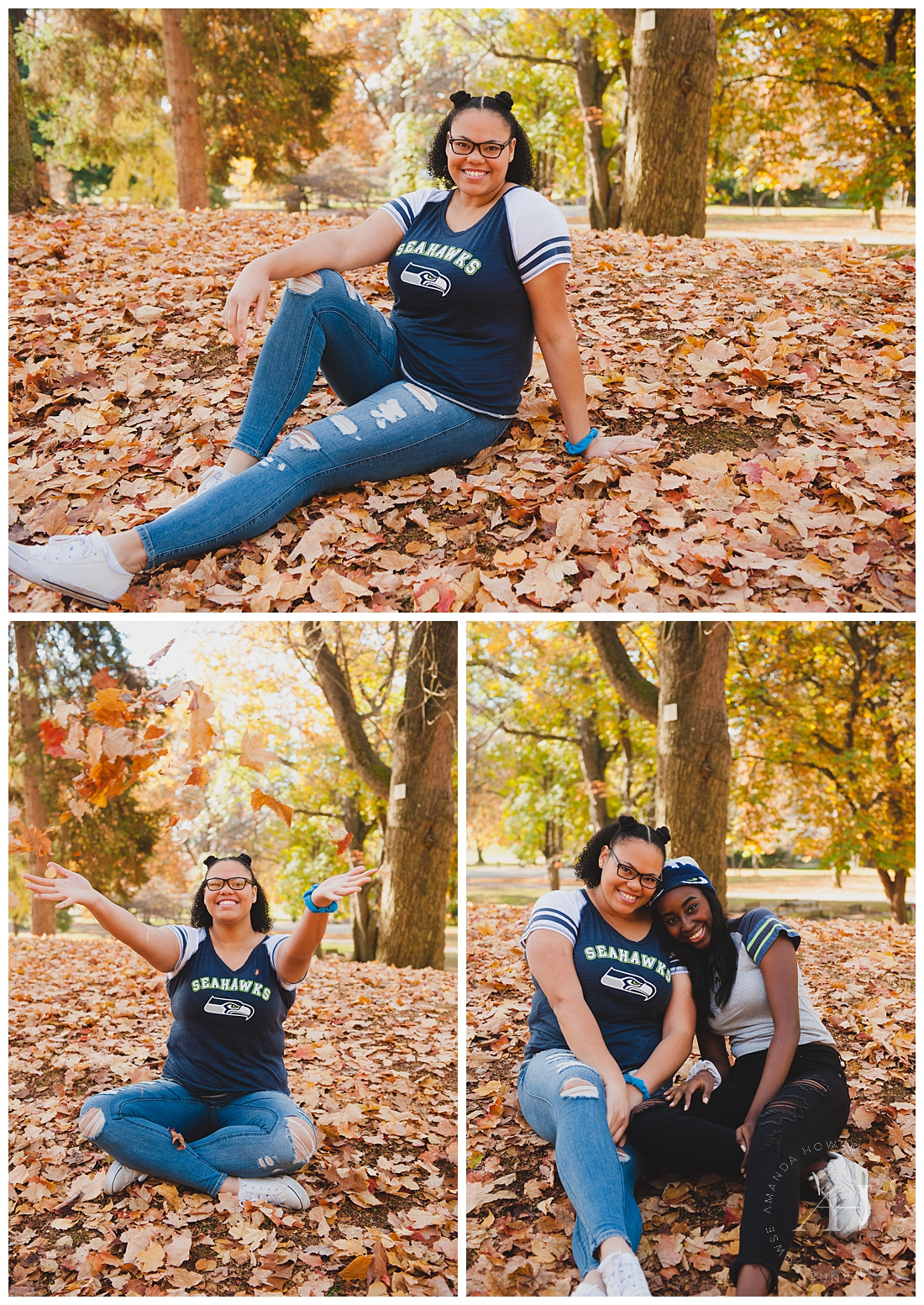 Fun Senior Portraits with Fall Leaves and Cute Poses with the AHP Model Team photographed by Tacoma Senior Photographer Amanda Howse