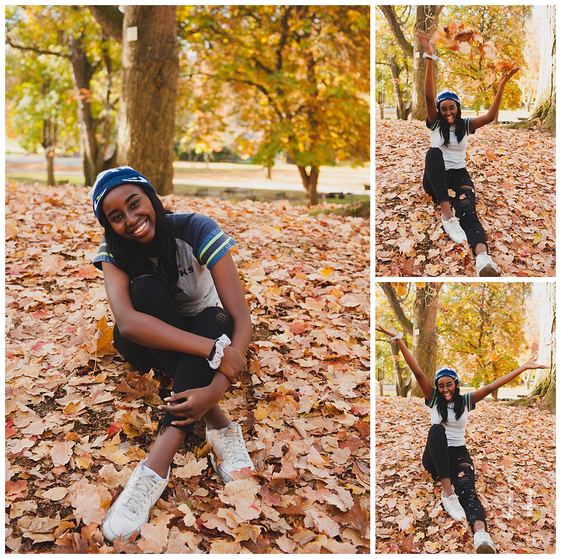 Fun Portraits in Wright Park for Fall Themed Group Session photographed by Tacoma Senior Photographer Amanda Howse