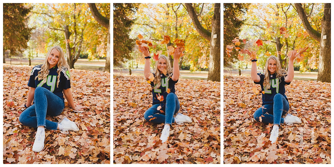 Playful fall portraits tossing leaves photographed by Tacoma Senior Photographer Amanda Howse