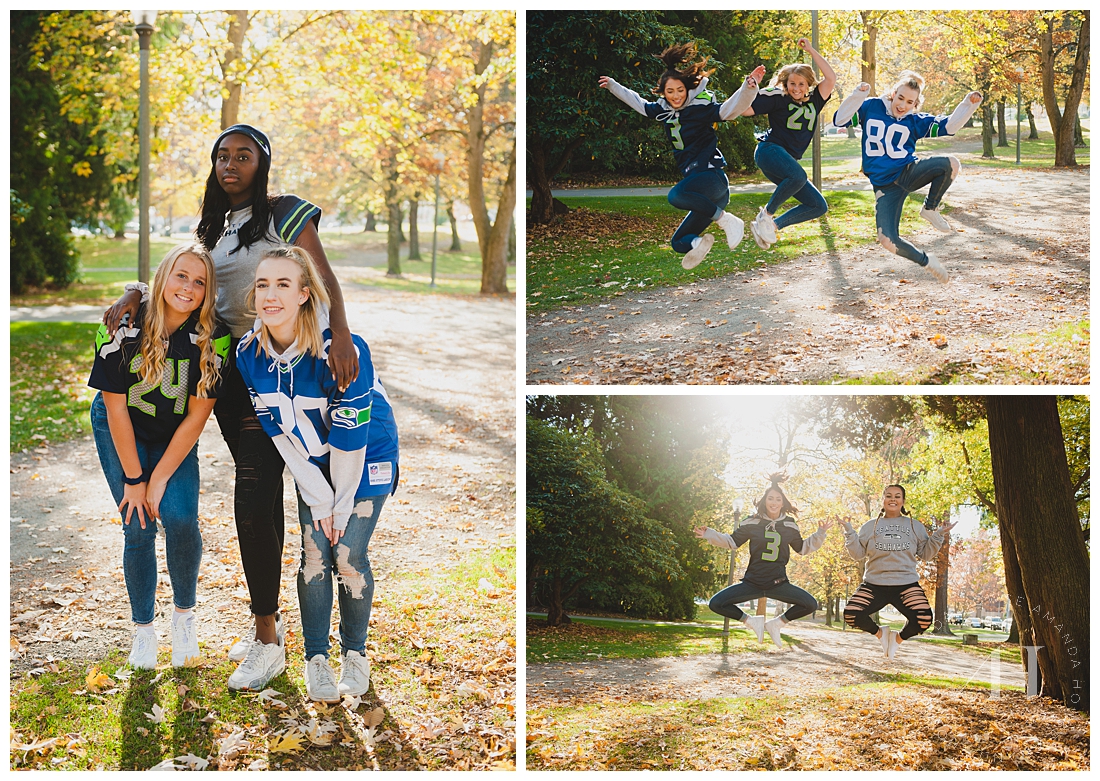 Fun group portrait session with candid poses in Wright Park photographed by Tacoma Senior Photographer Amanda Howse