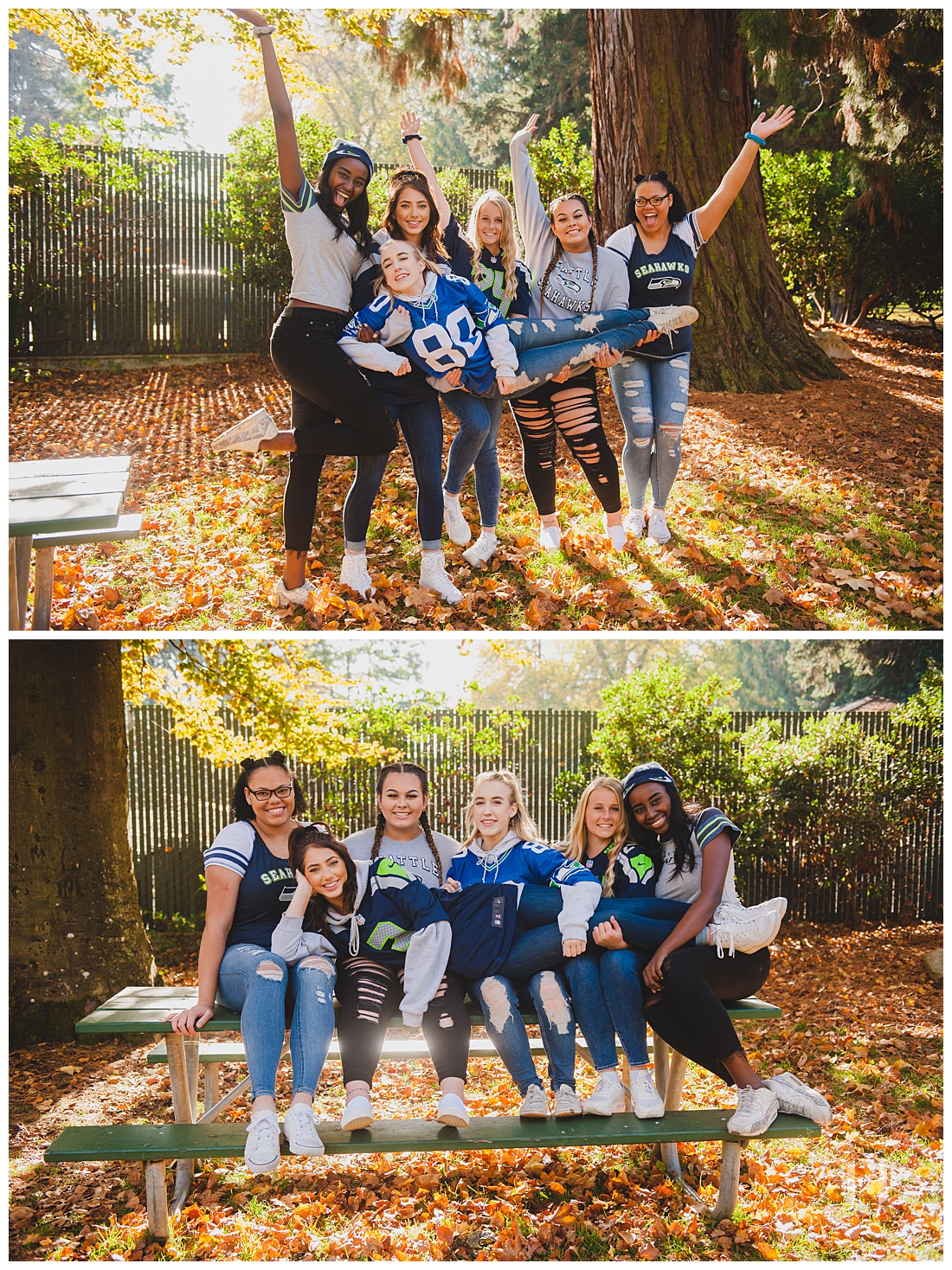 Playful senior portrait session in Wright Park with a Seahawks theme photographed by Tacoma Senior Photographer Amanda Howse