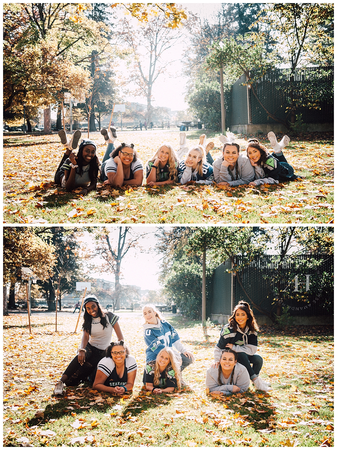 Fall group portrait session with sunshine in Wright Park photographed by Tacoma Senior Photographer Amanda Howse