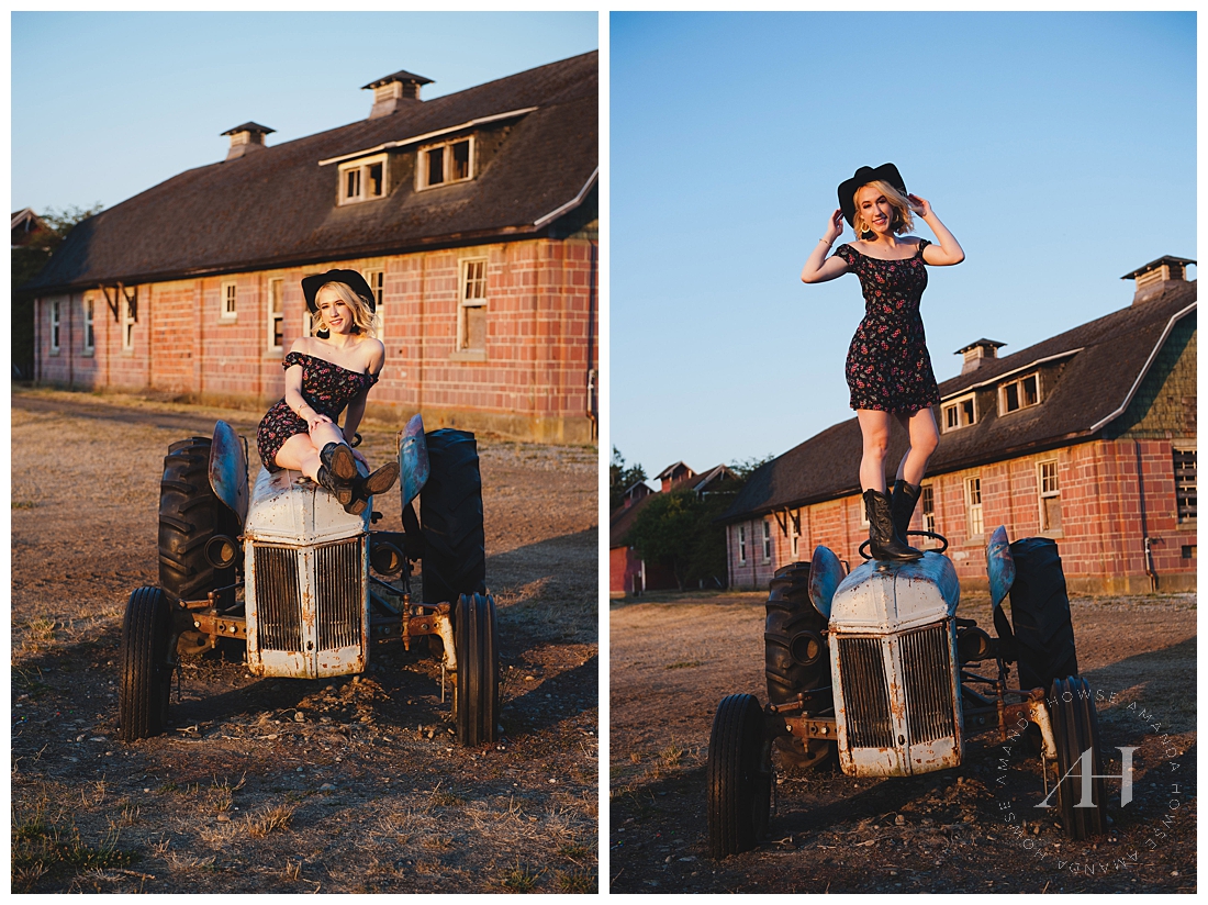 Country Girl Senior Photos on top of a Tractor in the Park Photographed by Amanda Howse