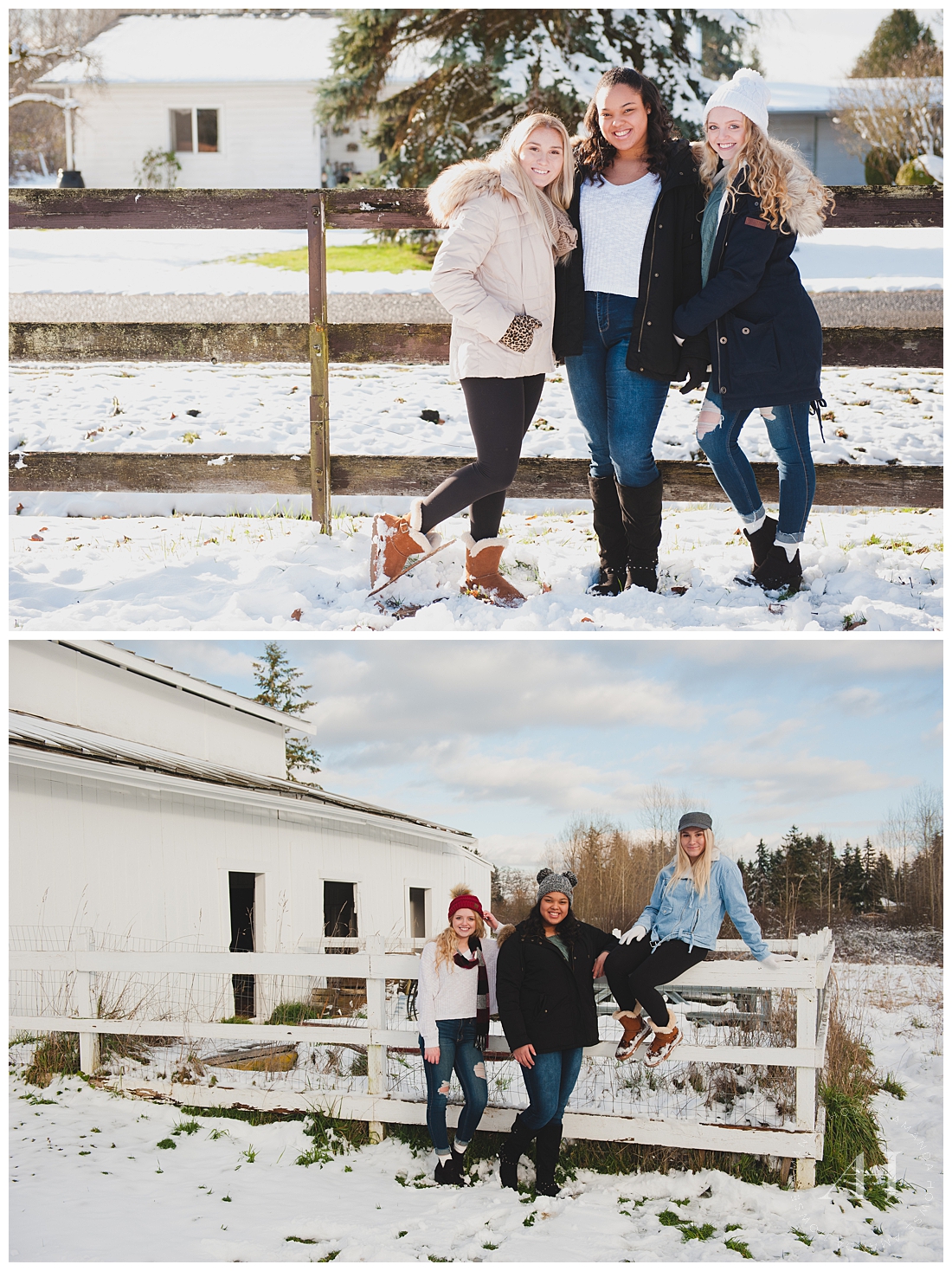 Farm Senior Portraits with White Picket Fence and Snow Photographed by Tacoma Senior Photographer Amanda Howse