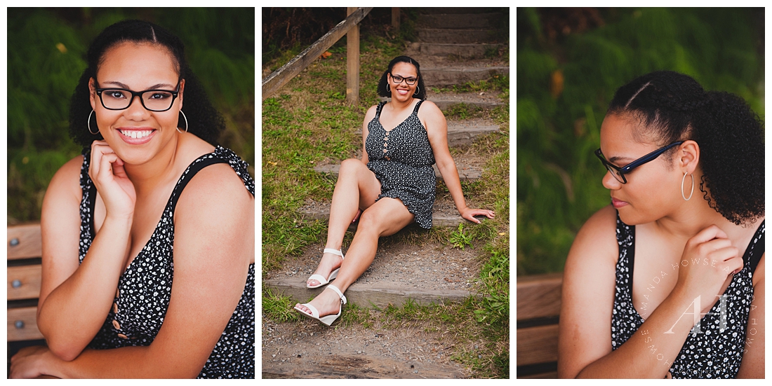 Cute Owen Beach Senior Session with printed romper and fun poses Photographed by Tacoma Senior Photographer Amanda Howse