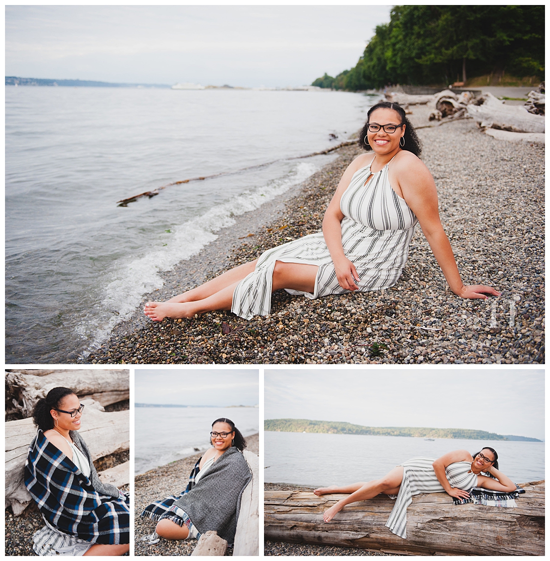 Owen Beach Casual Senior Portraits with Cozy Blanket and Striped Dress Photographed by Tacoma Senior Photographer Amanda Howse