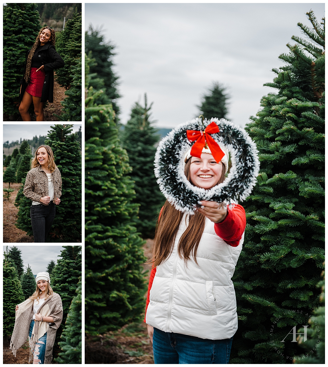 Fun Pose Ideas for Christmas Portraits with Wreath and Christmas Trees Photographed by Tacoma Senior Photographer Amanda Howse