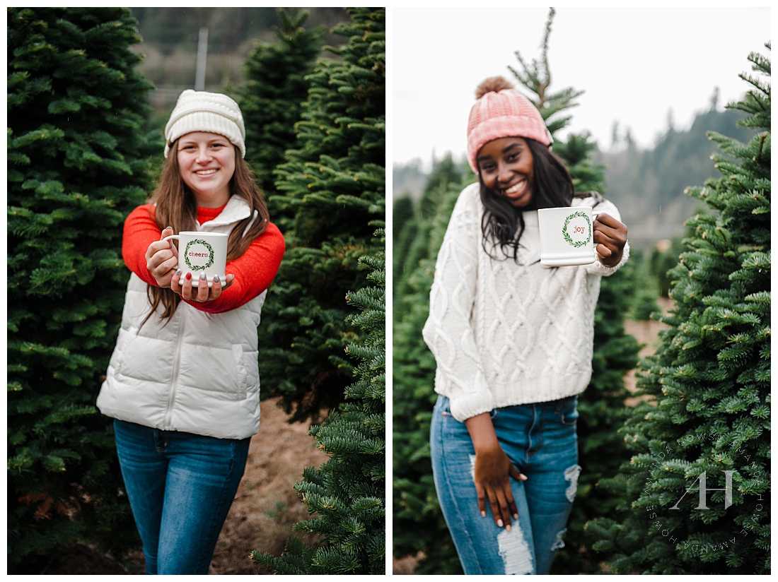 Hot Chocolate Mugs and Holiday Inspiration for Christmas Tree Farm Photoshoot Photographed by Tacoma Senior Photographer Amanda Howse