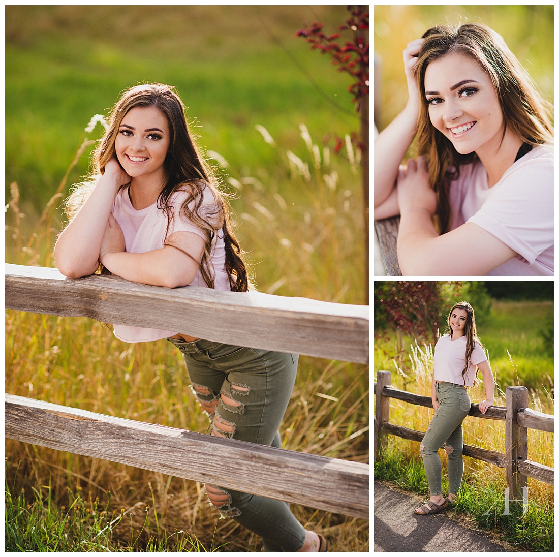 Senior Portraits with rustic wood fencing and casual outfit inspo photographed by Tacoma Senior Photographer Amanda Howse