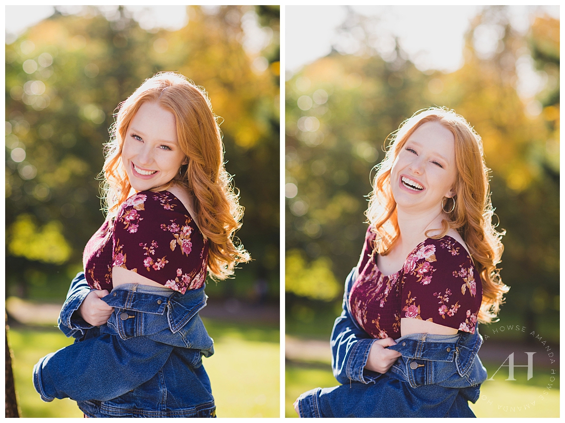 Glam senior portraits with floral dress and jean jacket photographed by the best Tacoma senior portrait photographer Amanda Howse