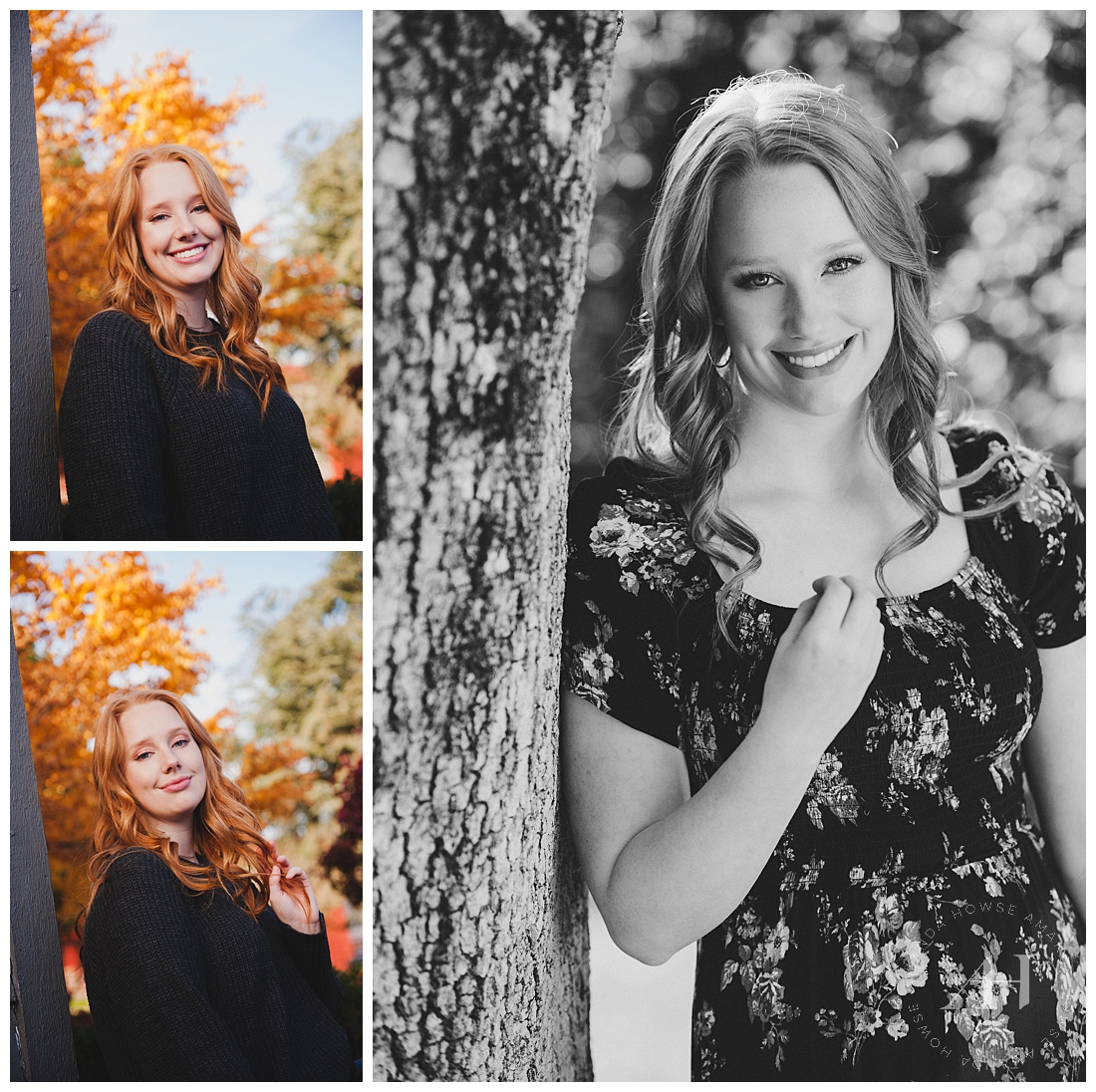 Autumn senior portraits in Tacoma with floral dress and colorful tree photographed by Amanda Howse