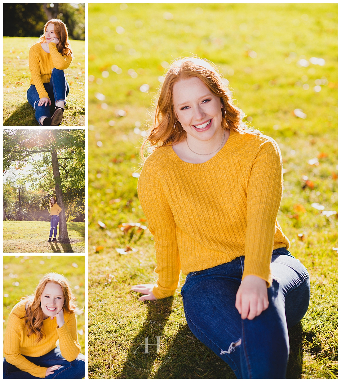 Sunny senior portraits with gorgeous yellow sweater and jeans photographed by Tacoma senior photographer Amanda Howse