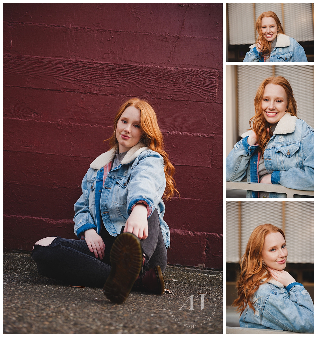 Casual senior portraits in Tacoma with beautiful redhead in sherpa jean jacket photographed by Tacoma senior portrait photographer Amanda Howse