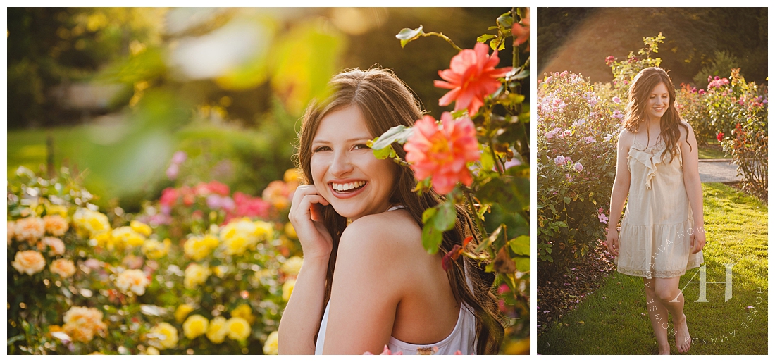 Smiling senior portraits in a rose garden with Free People dress photographed by Tacoma senior photographer Amanda Howse
