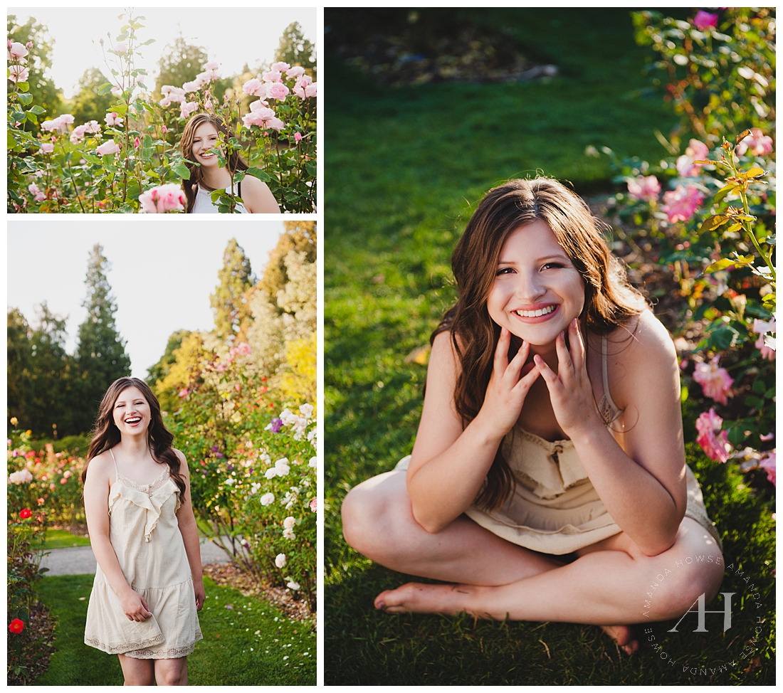 Rose garden senior portraits with a tan free people dress and gorgeous flowers photographed by Tacoma senior photographer Amanda Howse