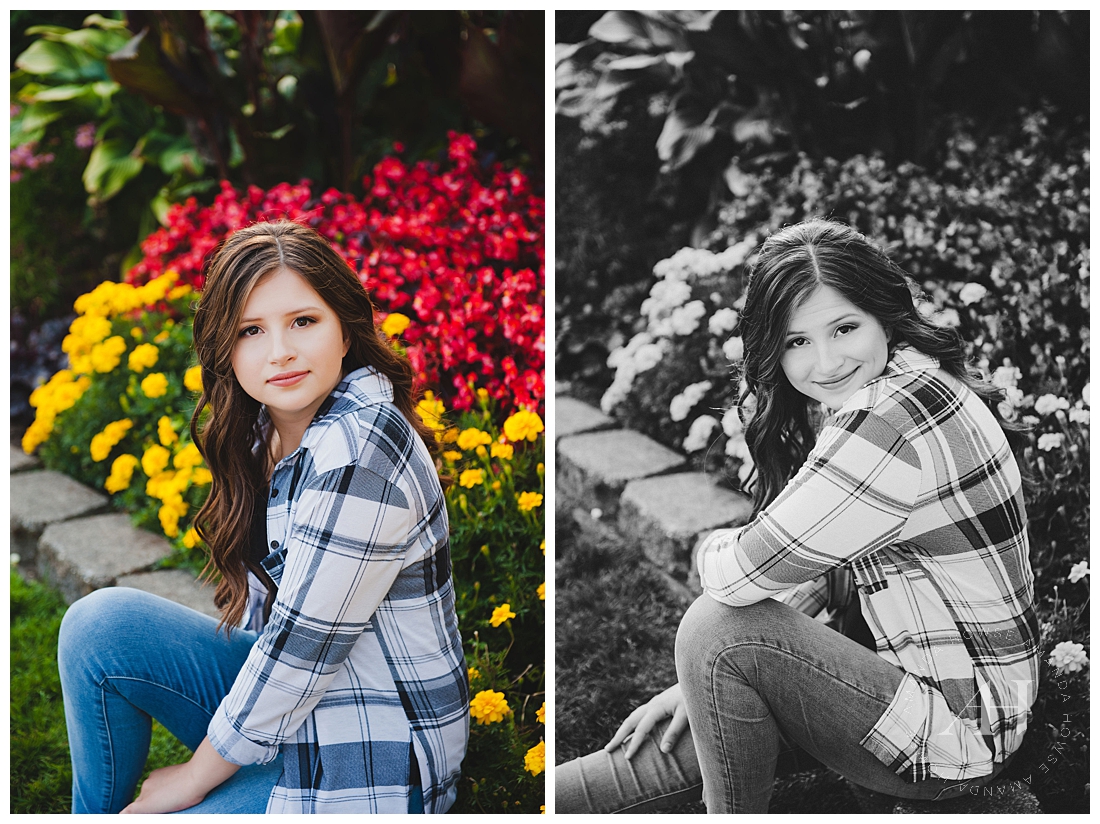 Plaid top and jeans for casual outdoor senior portraits photographed by Tacoma senior photographer Amanda Howse