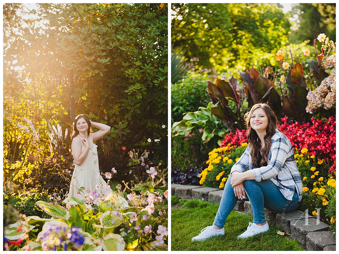 Summer senior portraits in a rose garden with sunlight and cute outfits photographed by Tacoma senior photographer Amanda Howse