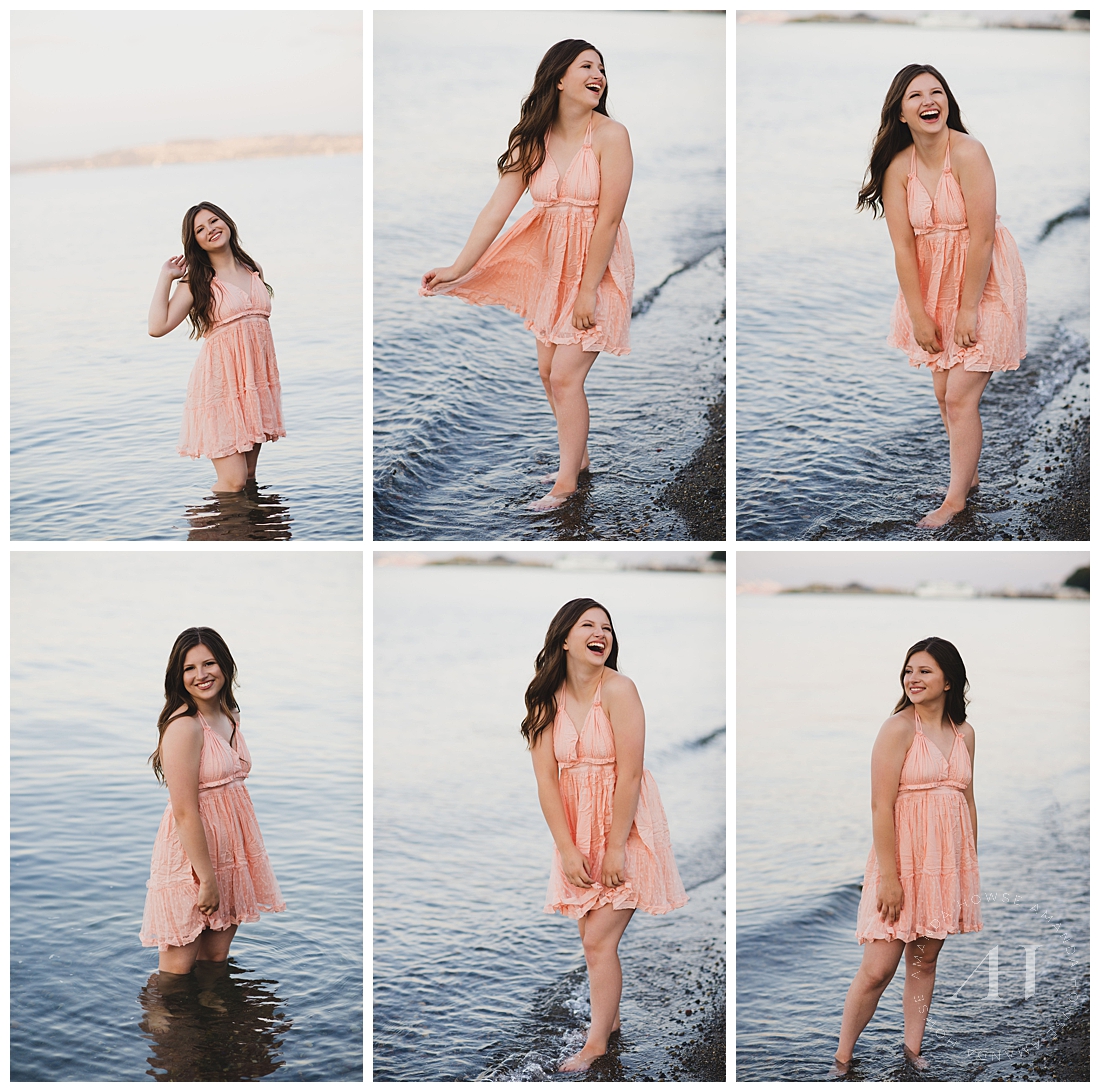 Fun senior portrait poses in the water with flowy sundress photographed by Tacoma senior photographer Amanda Howse
