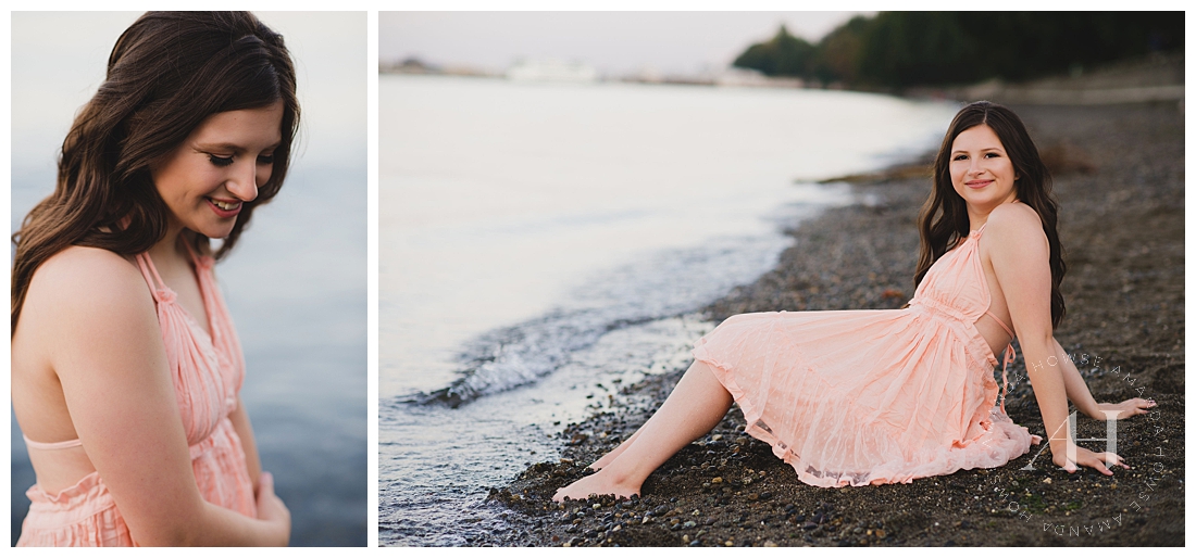 Senior girl in a peach dress on the beach in Tacoma photographed by Tacoma senior photographer Amanda Howse