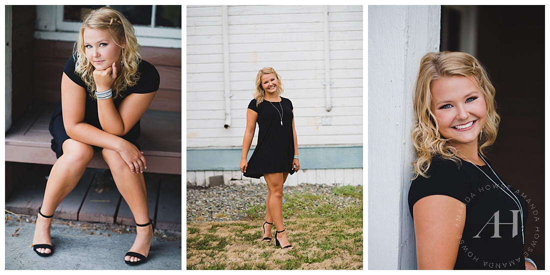 Glam senior portraits in Orting, Washington with a little black dress and heels photographed by Tacoma senior photographer Amanda Howse