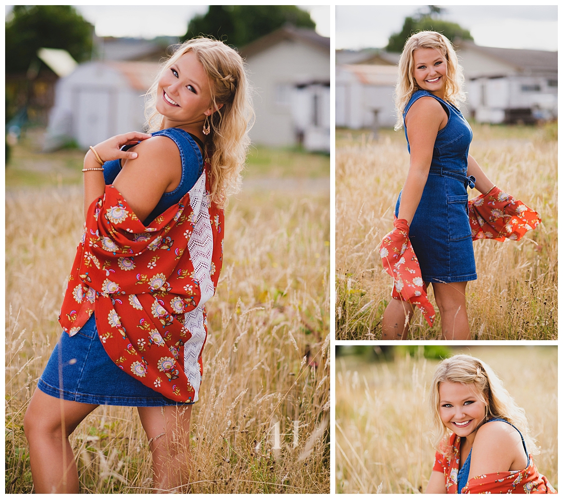 Cutest senior portraits with denim dress and floral kimono photographed in Orting by senior photographer Amanda Howse
