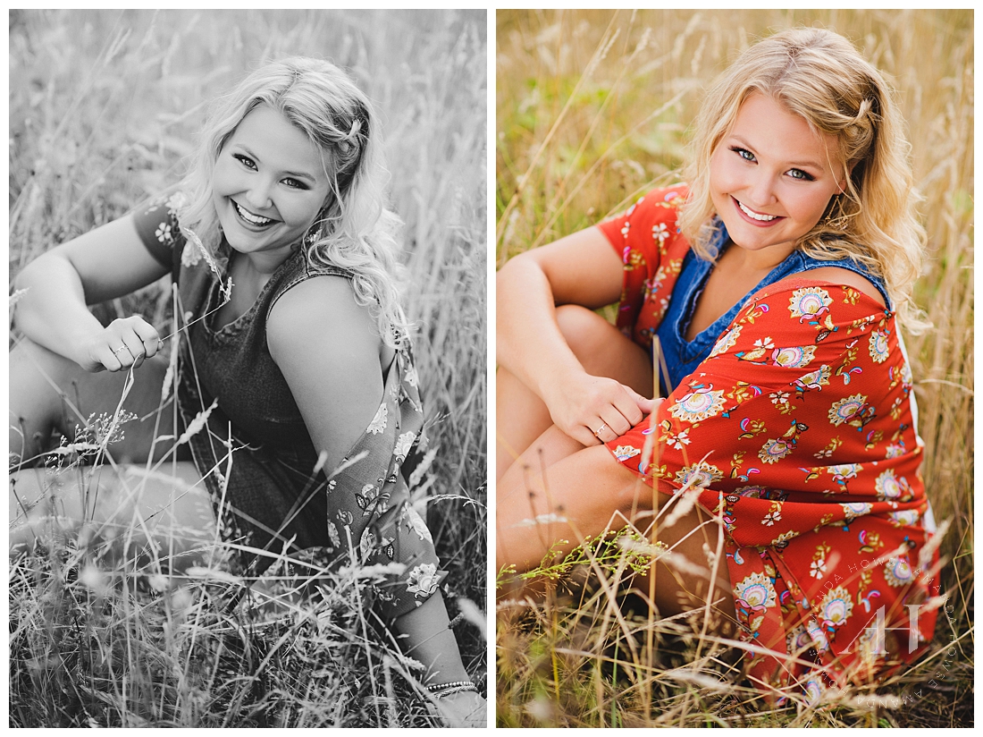 Wheat field senior portraits with outfit inspo photographed by Tacoma senior portrait photographer Amanda Howse