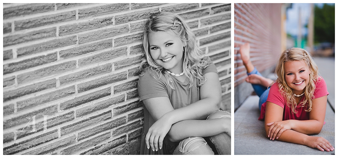 Fun pose ideas for casual senior portraits in front of a brick wall photographed by Tacoma senior photographer Amanda Howse