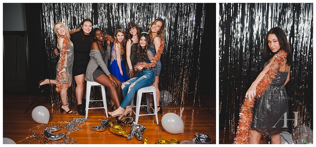 NYE group portrait session with silver streamers and balloons photographed by Tacoma senior photographer Amanda Howse