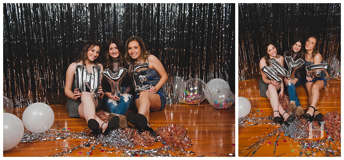 New Year's Eve Portraits with NYE balloons and streamers photographed by Tacoma senior photographer Amanda Howse