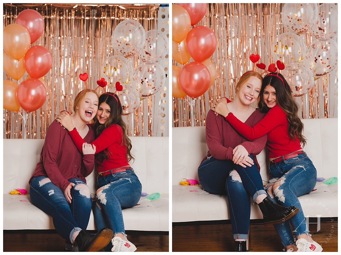 Hearts themed photoshoot with pink balloons, heart antenna, confetti and metallic backdrop | Photographed by Tacoma Senior Photographer Amanda Howse