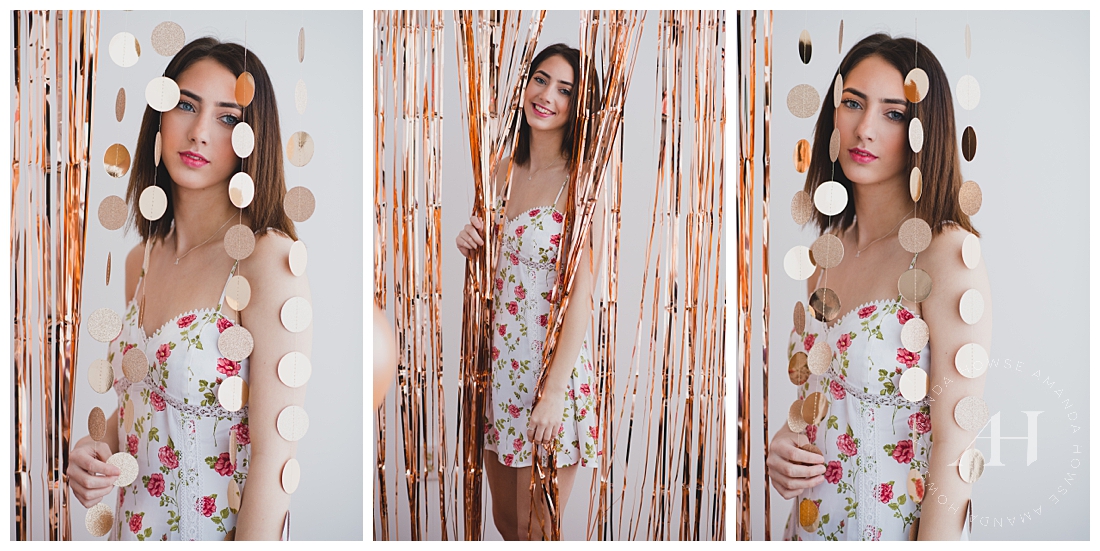 Fun photoshoot backdrops with metallic streamers | Valentine's Day Portraits | Photographed by Tacoma Senior Photographer Amanda Howse