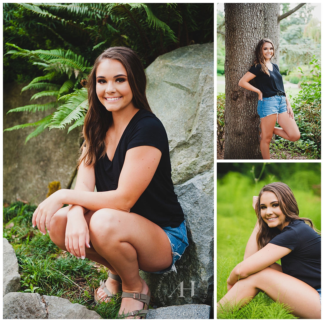 Senior Portraits with shorts and t-shirt in gorgeous garden photographed by Tacoma Senior Photographer Amanda Howse