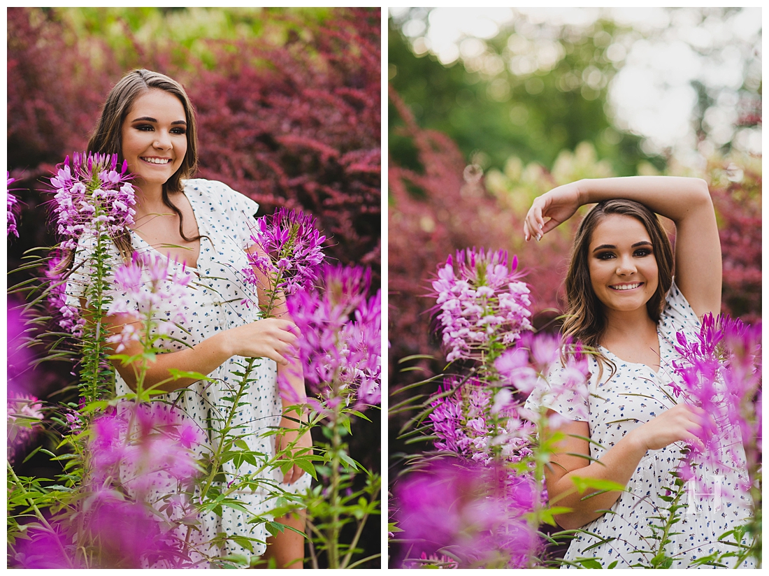 Floral senior portraits in a garden with printed dress photographed by Tacoma Senior Photographer Amanda Howse