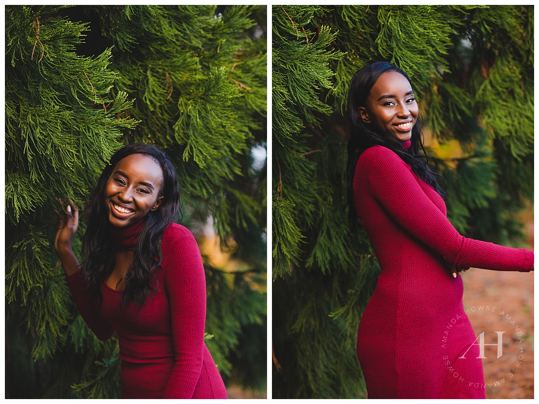 PNW Senior Portraits with evergreen trees and red dress | Photographed by Tacoma Senior Photographer Amanda Howse