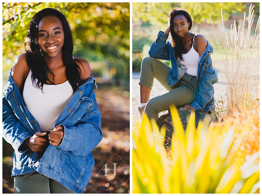 Glam senior portraits with white tank top and jean jacket | Photographed by Tacoma Senior Photographer Amanda Howse