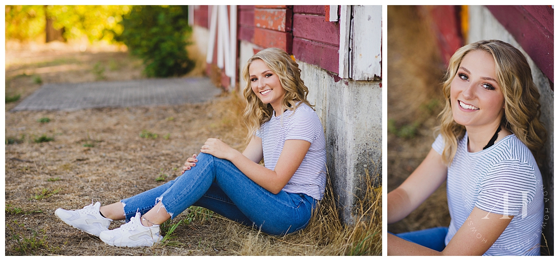 Casual senior portrait outfit ideas with jeans, t-shirt and white sneakers photographed by Tacoma Senior Photographer Amanda Howse