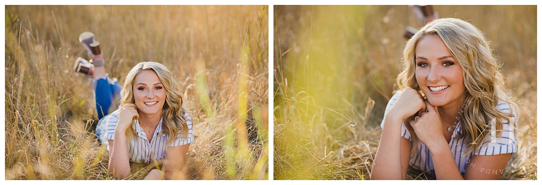 Casual senior portraits in tall grass inspired by country albums photographed by Tacoma Senior Photographer Amanda Howse