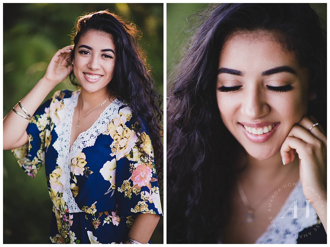 Summer senior portraits with floral romper and glam makeup | Photographed by Tacoma Senior Photographer Amanda Howse