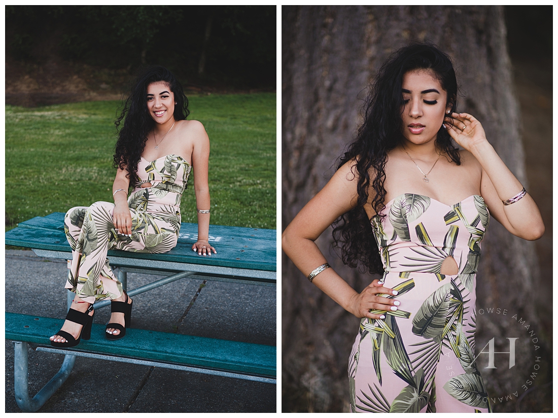 Pose ideas for modern senior portraits with tropical print jumpsuit and glam hair and makeup | Photographed by Tacoma Senior Photographer Amanda Howse