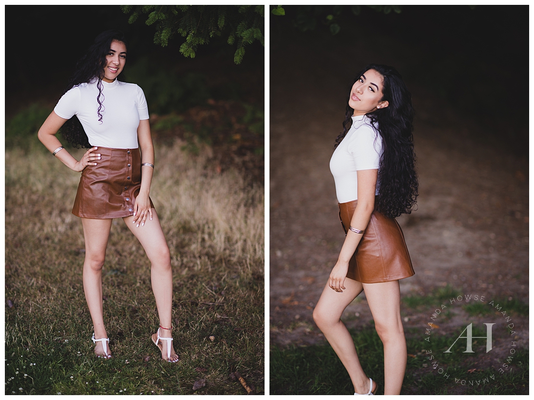 Nature trail senior portraits with leather mini skirt and white top | Photographed by Tacoma Senior Photographer Amanda Howse