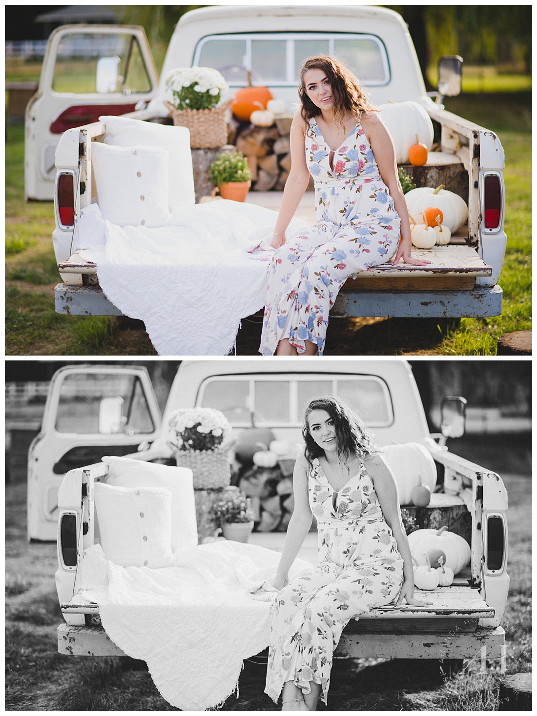 Vintage truck filled with flowers for rustic senior photos photographed by Tacoma Senior Photographer Amanda Howse