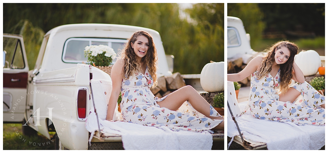 Vintage truck with flowers for high school senior portraits photographed by Tacoma Senior Photographer Amanda Howse