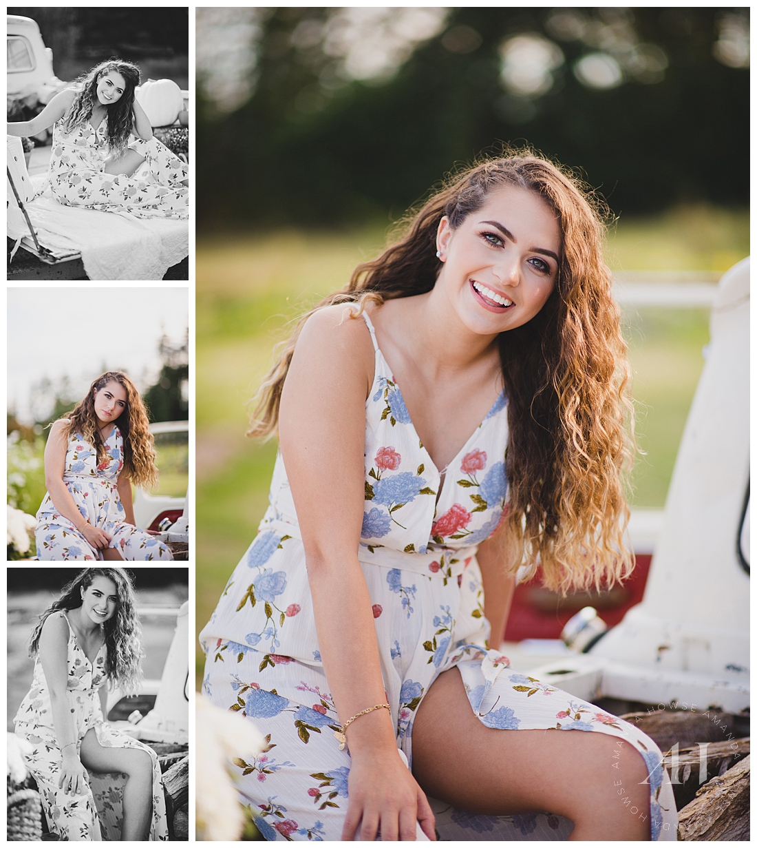 Senior portraits with a vintage white truck and white floral dress photographed by Tacoma Senior Photographer Amanda Howse